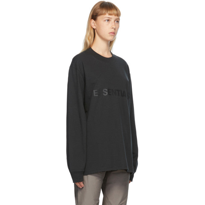 Fear of God Essentials: Black Boxy Long Sleeve T-Shirt Applique Logo