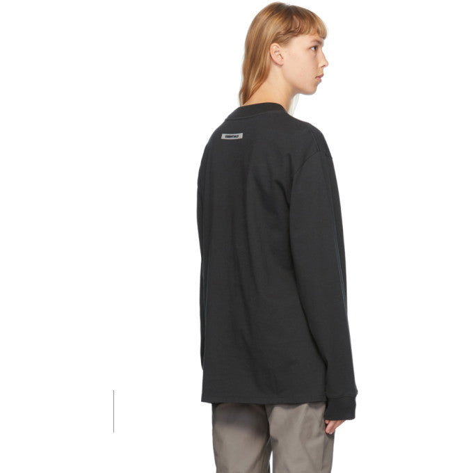Fear of God Essentials: Black Boxy Long Sleeve T-Shirt Applique Logo